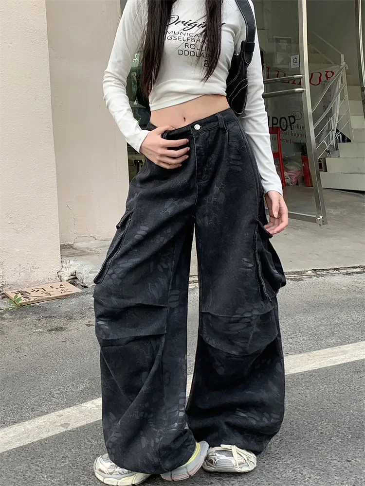 American Retro Streetwear Baggy Jeans Women Low Rise Harajuku Y2K Denim Cargo Pants Hip Pop 2000s Grunge Wide Leg Trousers