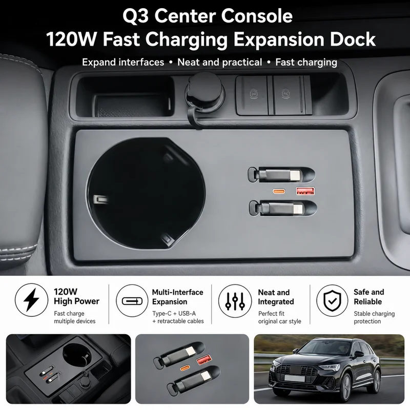 For Audi Q3 Docking Station 120W Fast Charging Multi-function USB Hub Car Interior Modification Accessories
