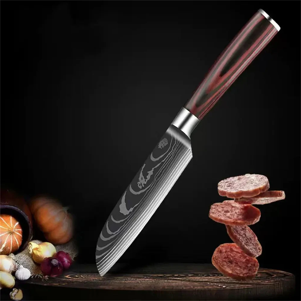 Japanese Kitchen Chef Santoku Knife Laser Damascus Pattern Professional Butcher Meat Cleaver Boning Fish Fruit Utility Knife image 6