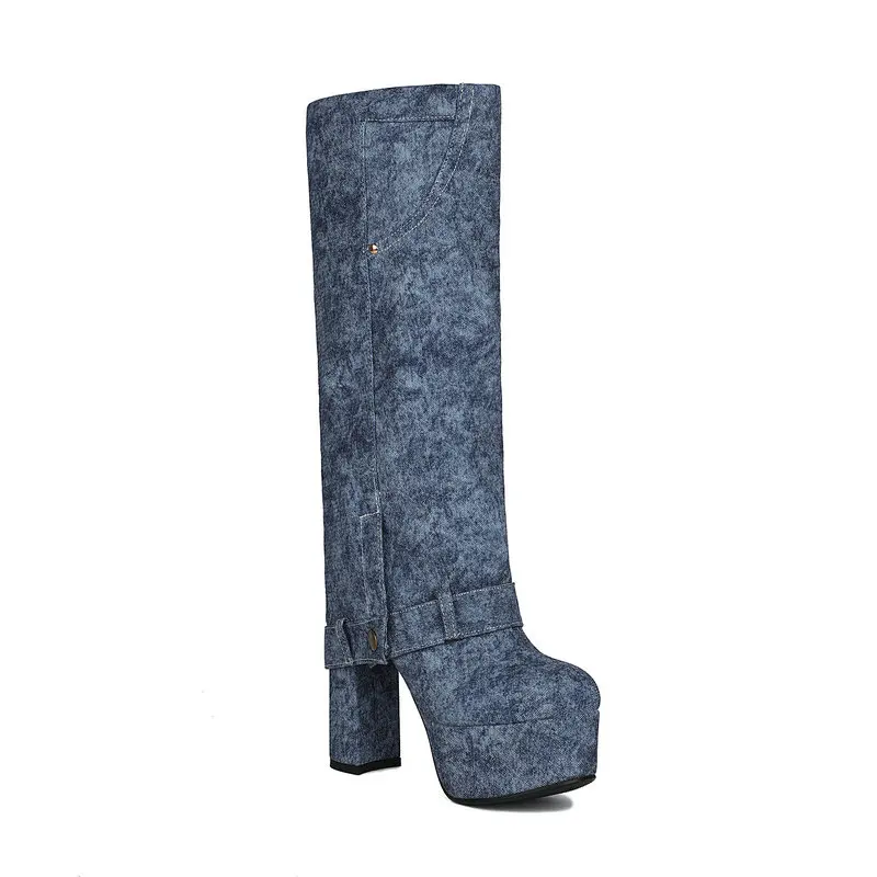 Chaussures à plateforme en denim pour femmes, bottes western, talons hauts, tube droit, bleu, nuit chaude, hiver, document, marque de luxe