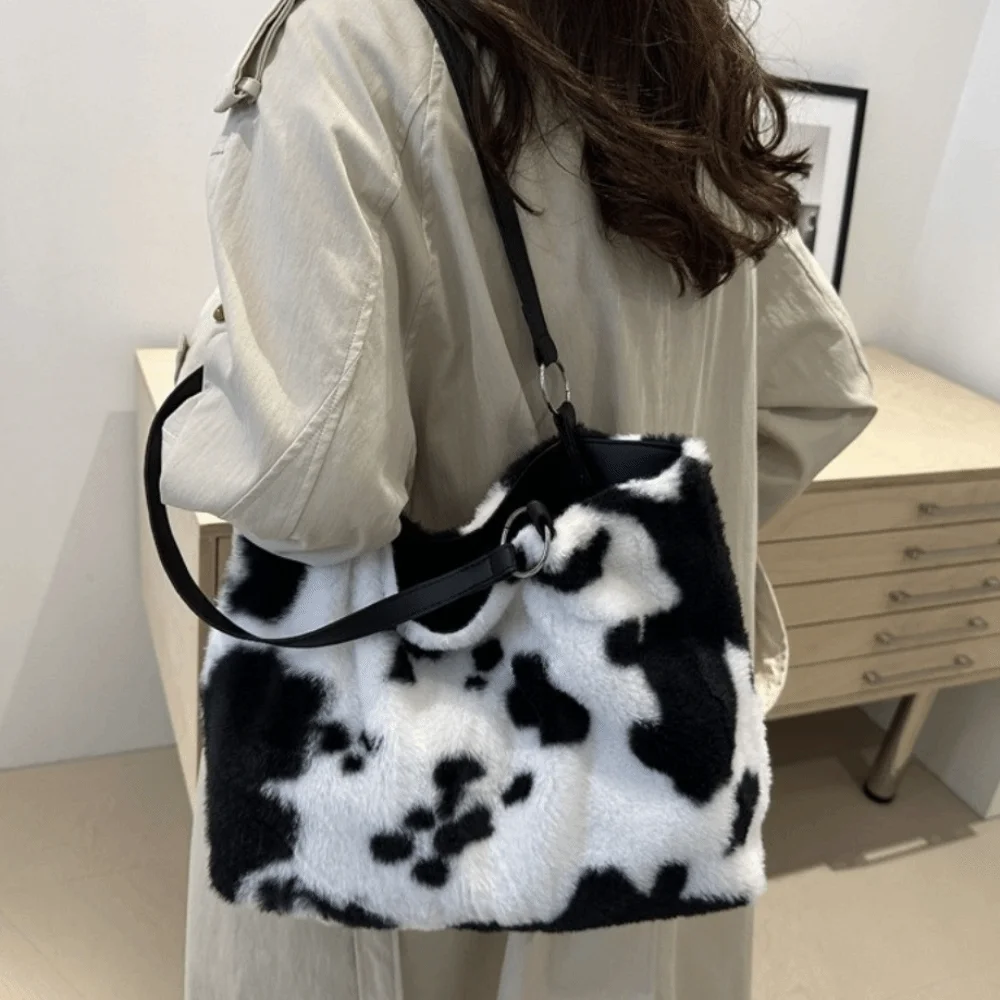Fashion Large Capacity Plush Tote Bag Versatile Durable Cow Print Shoulder Bag Fluffy Soft Underarm Bag Daily Commute