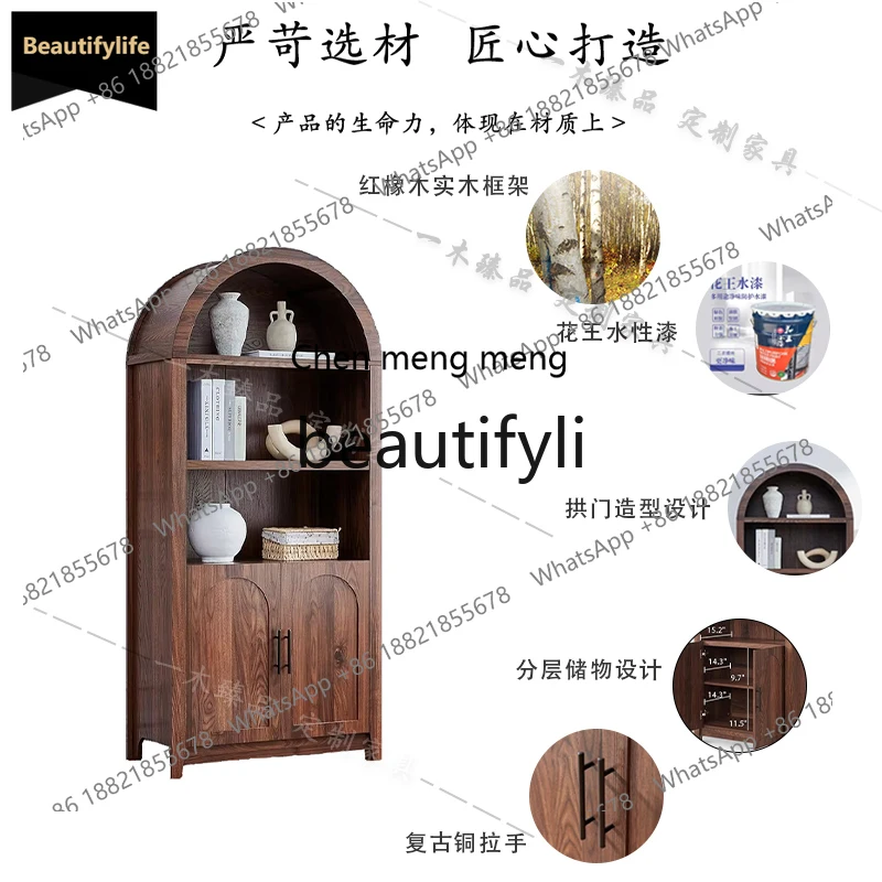 

GG American Style Light Luxury Solid Wood Bookcase Living Room Rattan Woven Door Storage Cabinet Vintage Arched Storage Cabinet