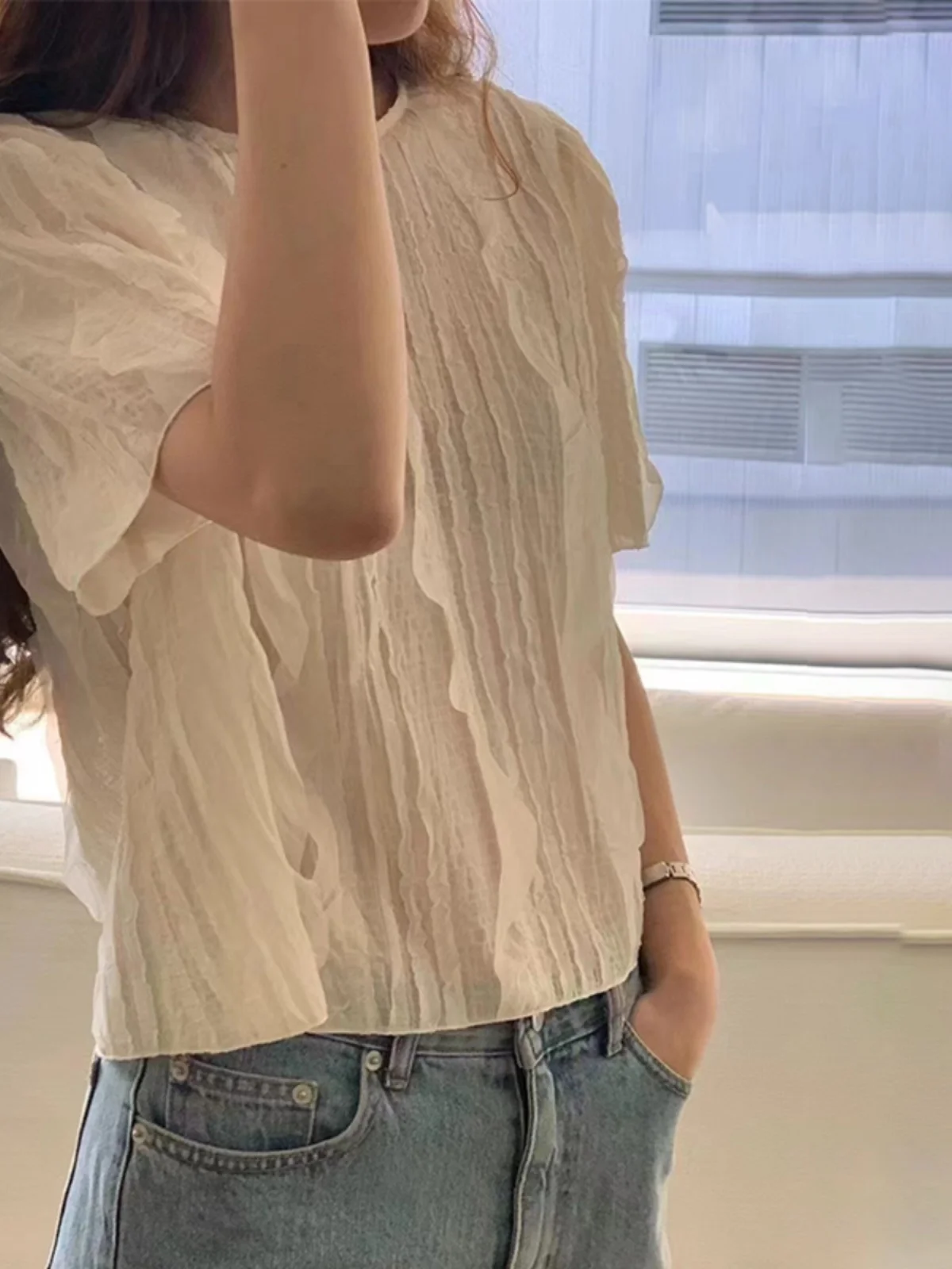 

Chic Short Sleeve Shirt Women's Summer New Style Sweet Young Doll Top Trendy Commute Loose Fit round Neck Other Material 100%