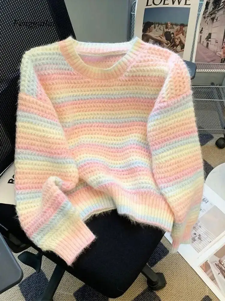 

Women Chic Rainbow Sweater Loose Cute O Neck Long Sleeve Knitted Jumpers Fall Winter Lazy Wind Japan Fashion Sweet Pullover