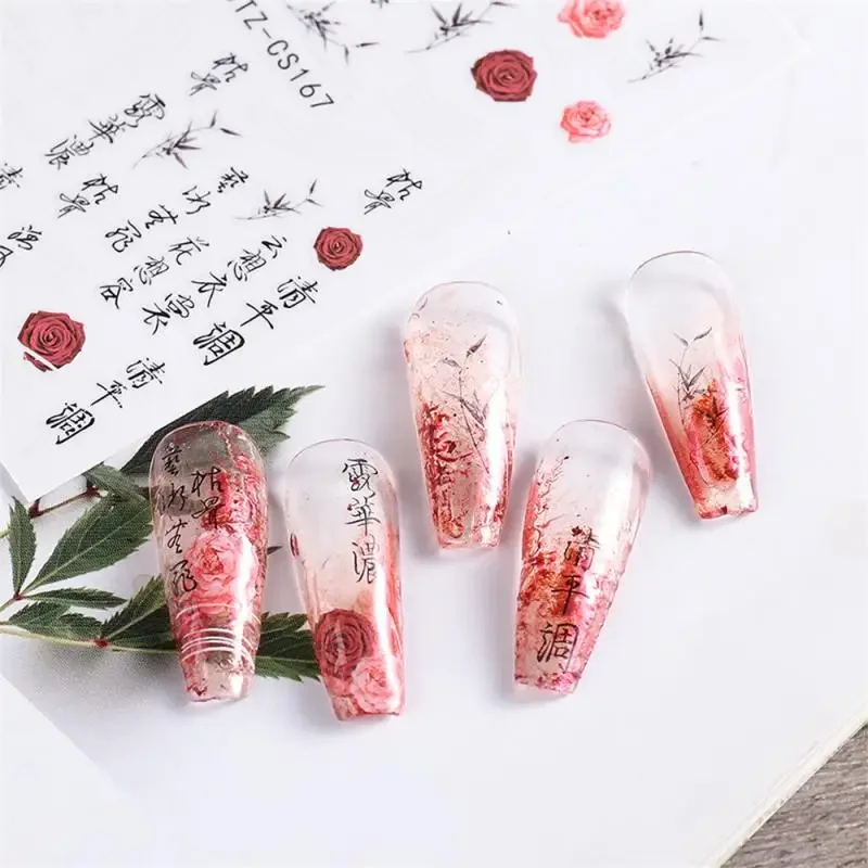 Adesivo de unha de personagem chinês, folha de flor de tinta para unhas, letras em inglês, decalque japonês, acessório de design de manicure glcs153