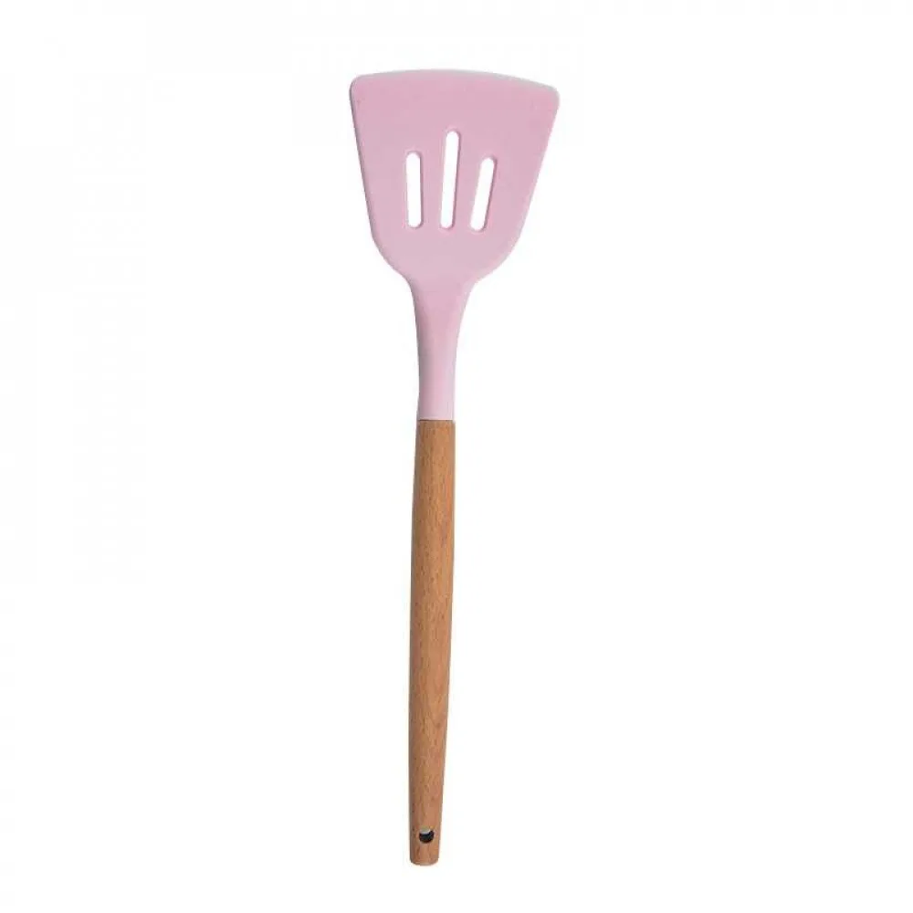 1 Pc Wooden Handle Pink Silicone Slotted Turner, Heat Resistant Non-Stick Cooking Spatula, Kitchen Utensil for Pancake, Egg & Steak Flipping