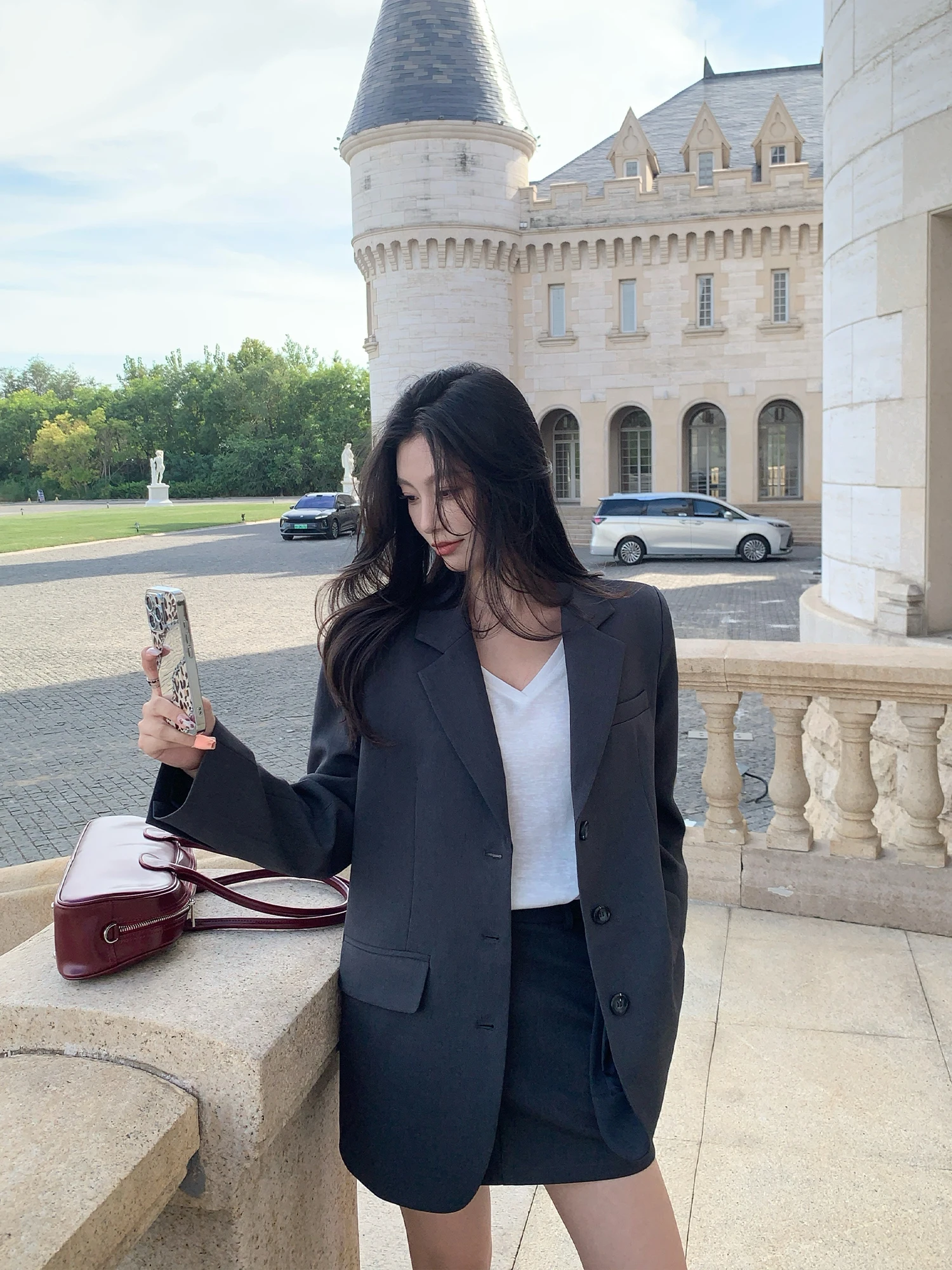 

Pusumede Casual Tailored Jaet And A-Line Skirt Set Women's Office Wear Anti-Light Walking Skirt Pants Two-Piece Suit