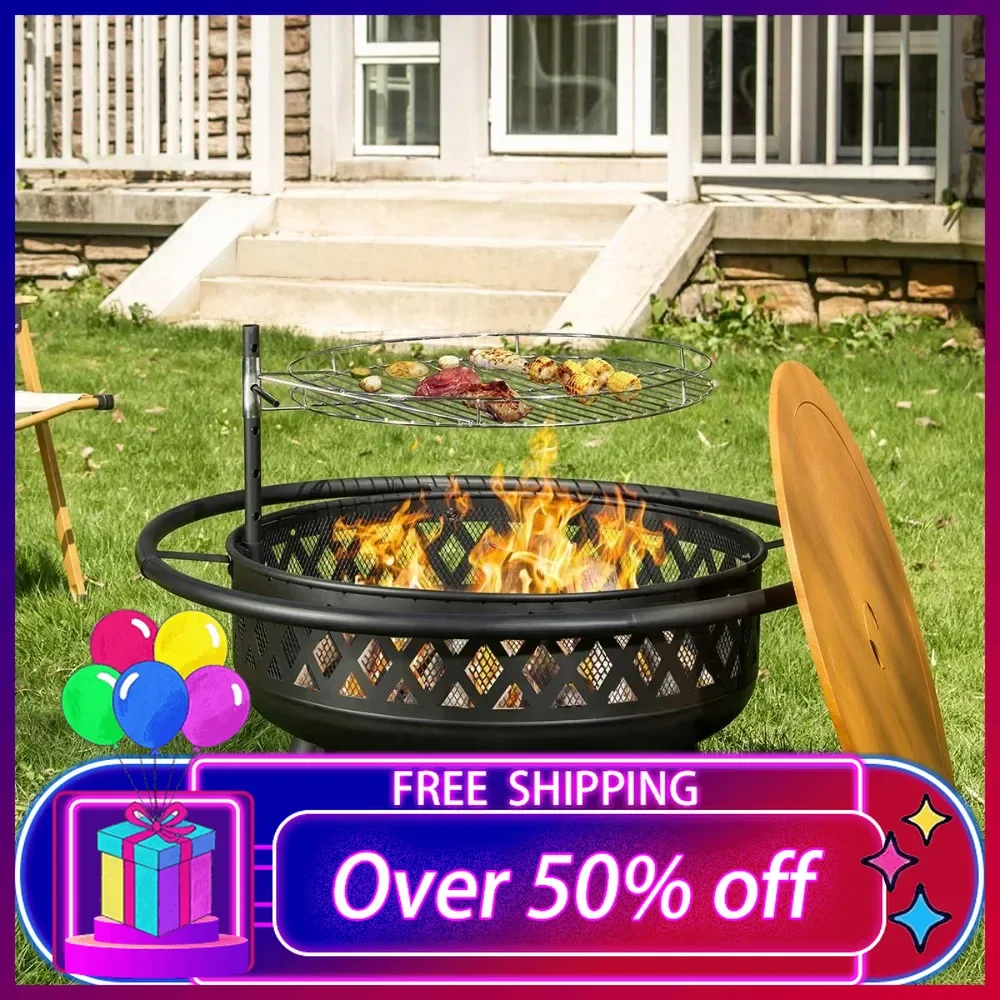 32 Inch Outdoor Fire Pit with Grill, Wood Burning Firepit for Outside with Lid/Fire Poker, Metal Round Fire Pit Table for Patio