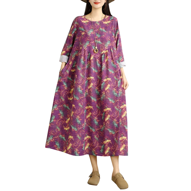 하이웨이스트 플로럴 프린트 코튼 린넨 롱 슬리브 라운드 넥 A라인 드레스 여성 루즈 플러스 사이즈 슬리밍 스플라이스 드레스 여성