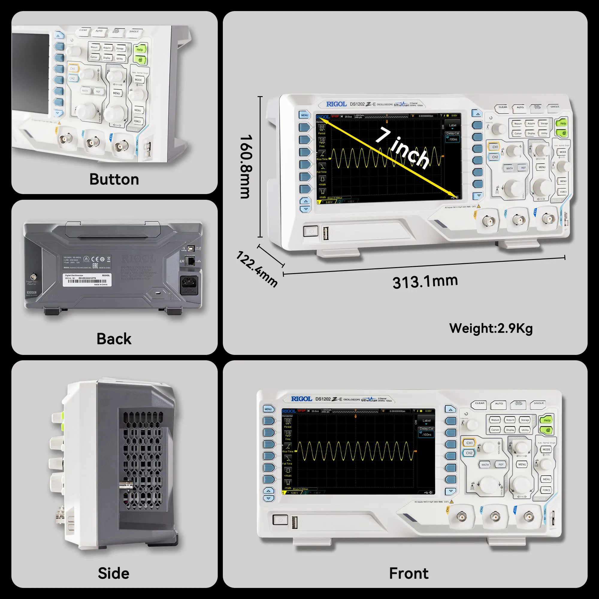 RIGOL DS1102Z-E/DS1202Z-E Digital Oscilloscope 100-200MHz,1G Sa/s,24Mpts,2CH,Support RS232/UART,I2C,SPI
