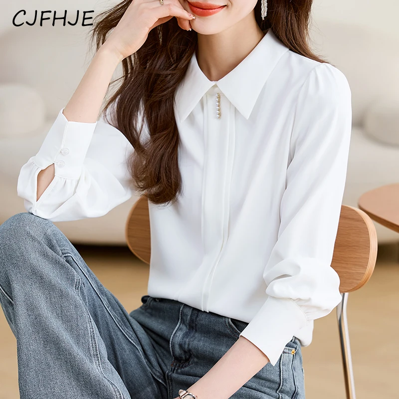 CJFHJE Back 2 Buttons Long Sleeve White Chiffon Shirts Women New Spring Fall Korean Satin Blouse Temperament Office Ladies Tops