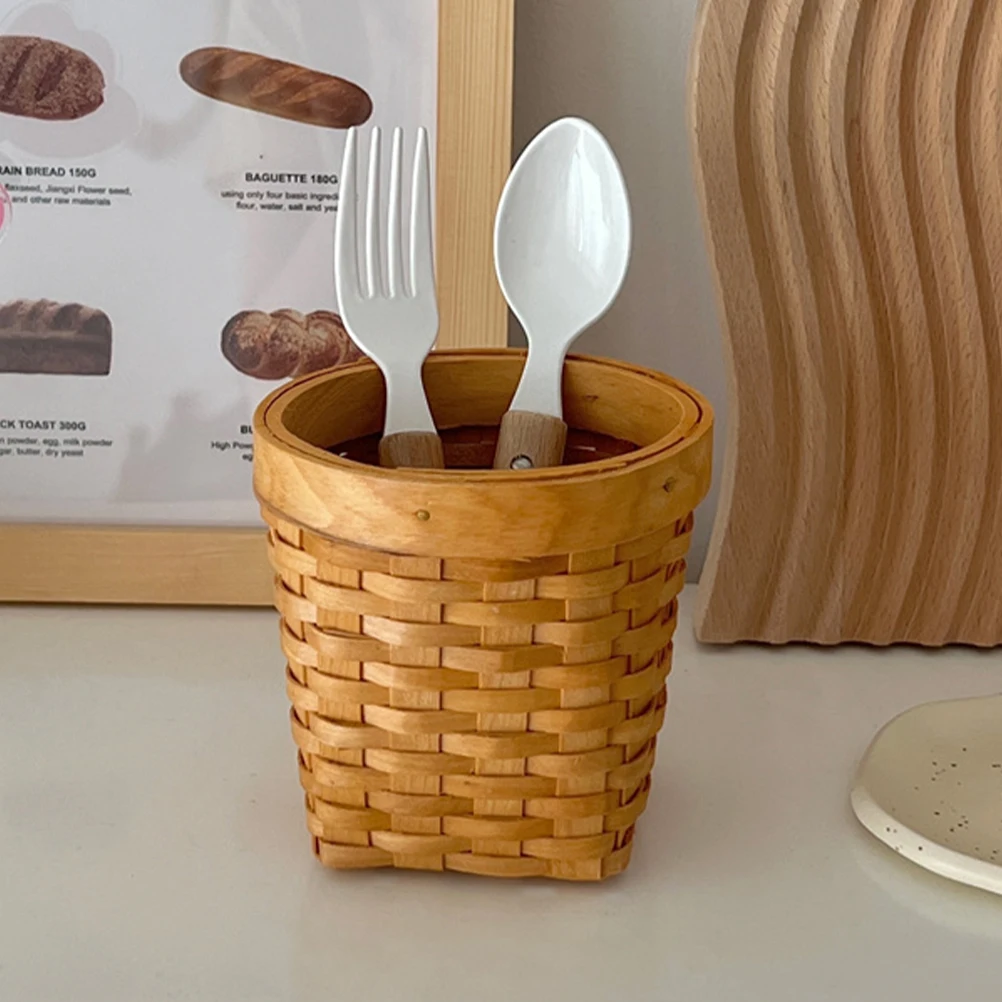 

Mini Basket Holder Desk Organizer Wooden Pen Cup Storage Container Handmade Pencil Holders Practical Use