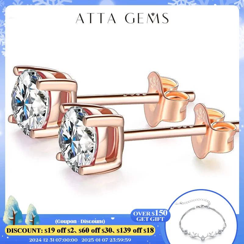 ATTAGEMS D Color Moissanite 1CT Gemstone 750 Rose Gold 18K Plated Stud Earrings for Women Solid 18K Gold Solitaire Fine Jewelry