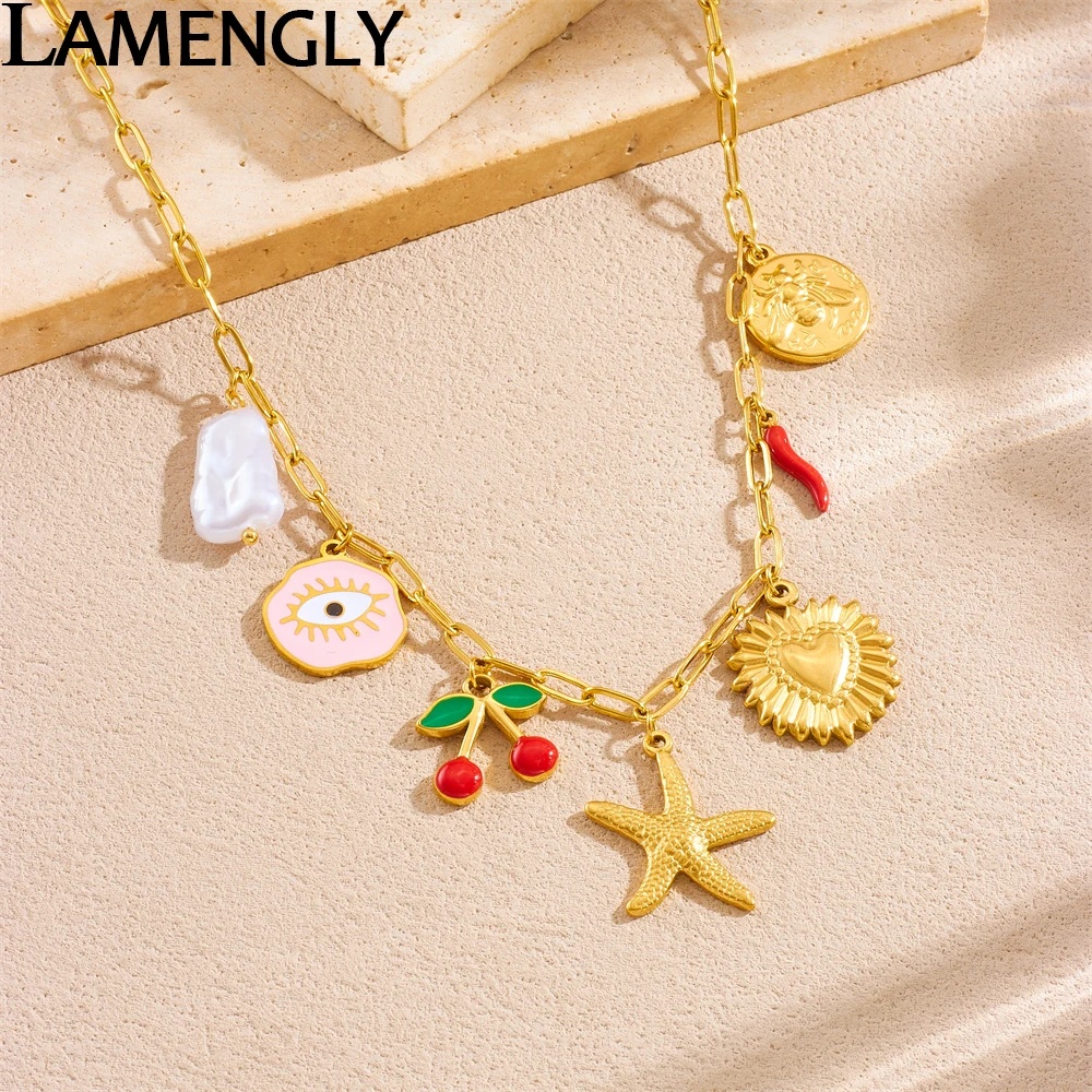 

LAMENGLY 316L Stainless Steel Multi Element Splicing Bee Heart Eye Cherry Starfish Pendant Necklace Women Novel Chic Neck Chain