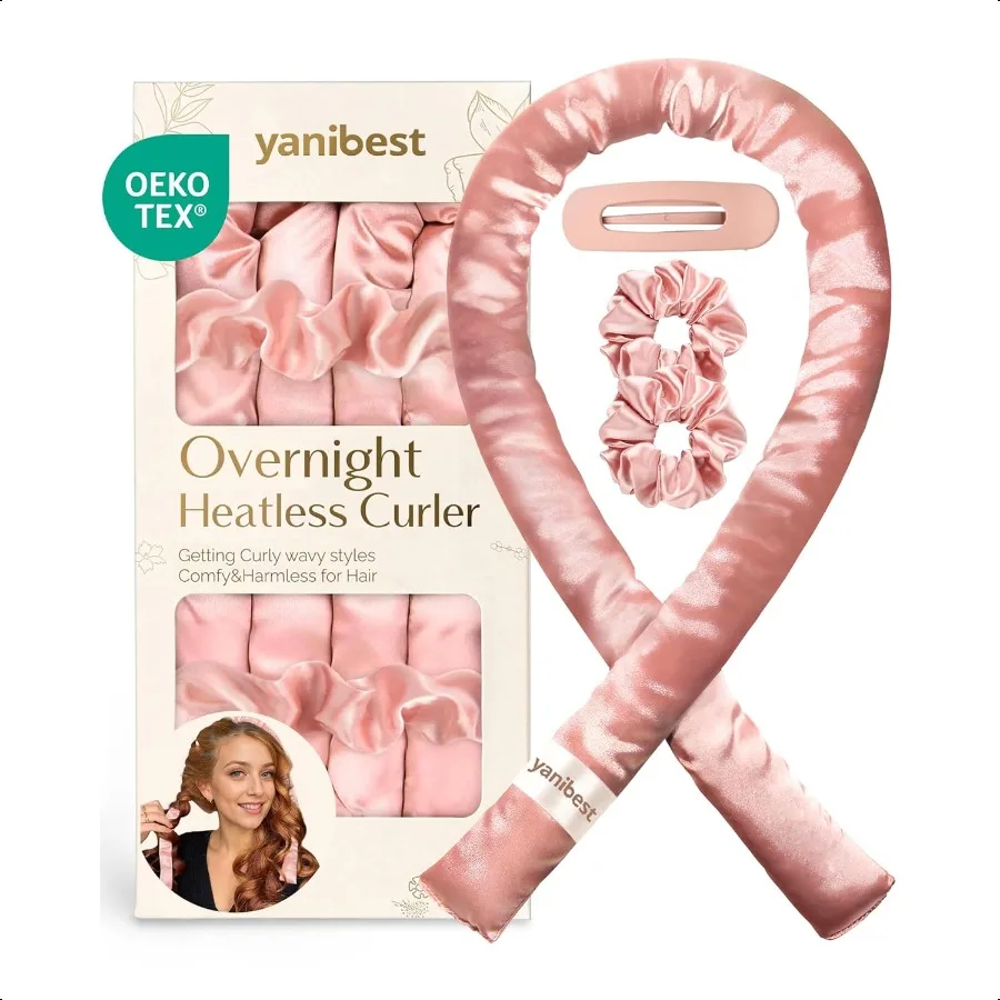 

er Soft Satin Heatl Curler Set Overnight Hair Curler to Sleep in No Heat Curling Rods with Satin Scrunchies and Clip