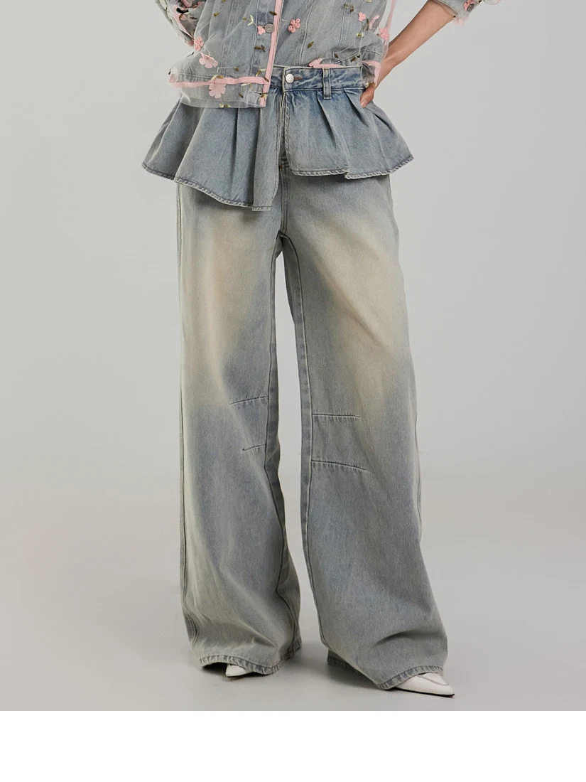 

Women's Patchwork Denim Jeans Straight Leg Vintage Waed Casual Long Trousers Trendy Folded Lace Trim Age-Defng