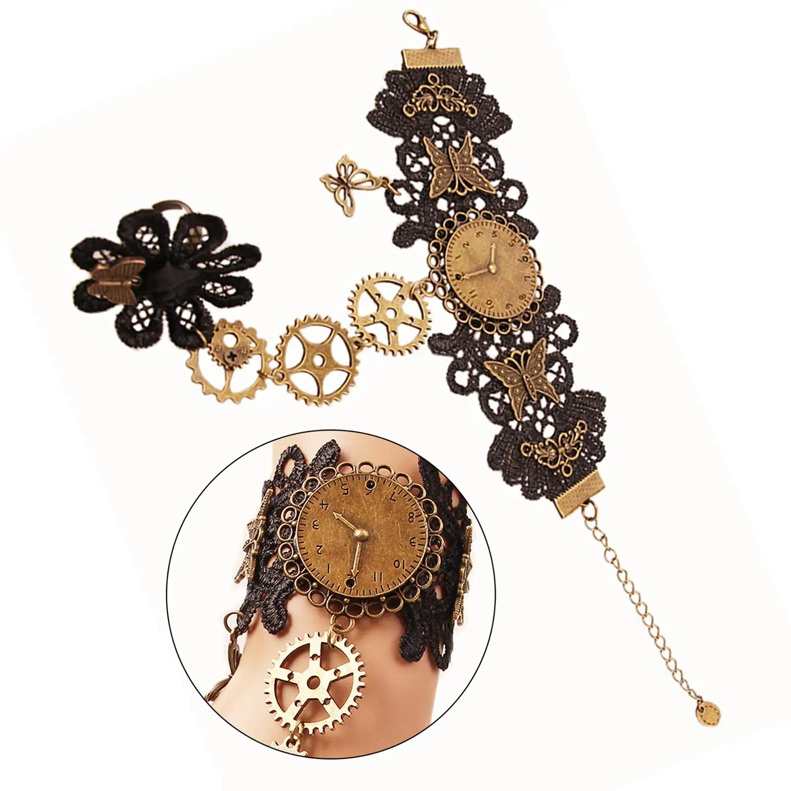 Black Lace Bracelet Steampunk Gear Flower Ring Bangle Wristband Vintage Gothic Punk Adjustable Alloy Jewelry for Women Gift