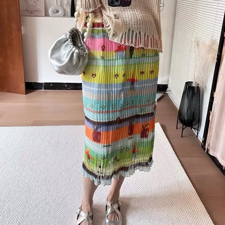 

Gagarich High End Comfortable Mid Length Contrasting Cartoon Pattern Midi Women Miyake 2025 New Summer High Waisted Skirt