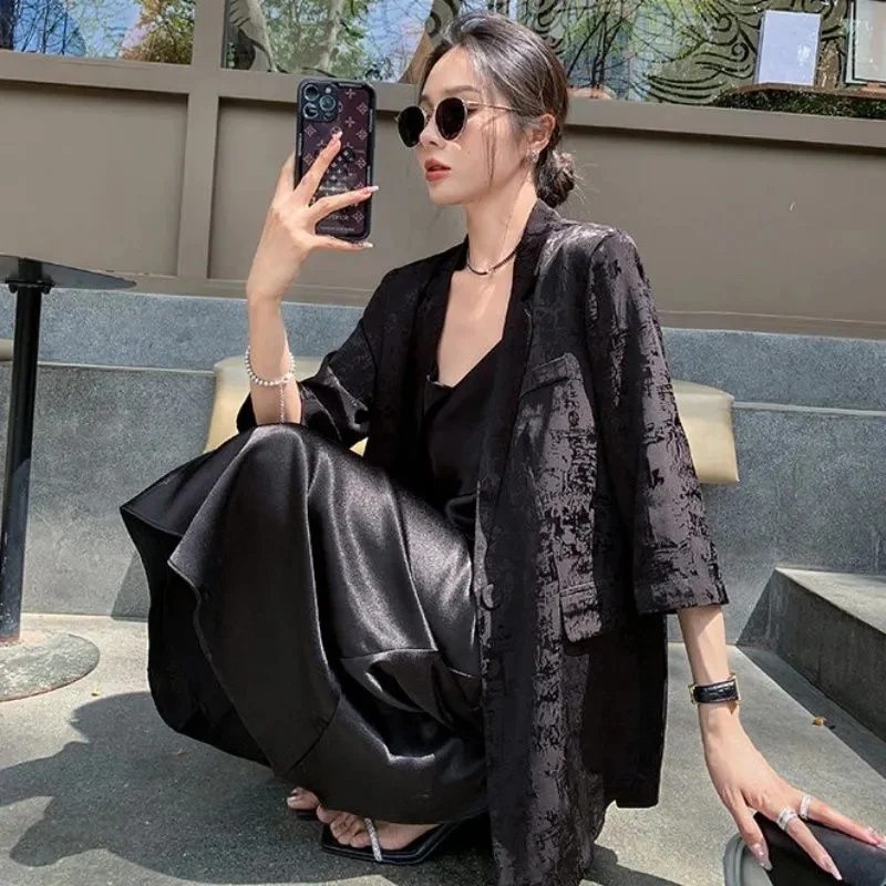 

Летний черный женский пиджак с рукавом три четверти, тонкий, в китайском стиле, элегантный, премиум-класса, жаккардовый костюм