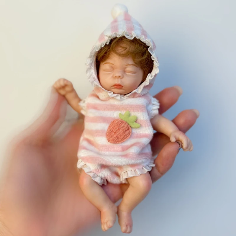 Mini Palm Rebirth Doll Made of Soft and Realistic Silicone Material with Strawberry Pattern Clothes