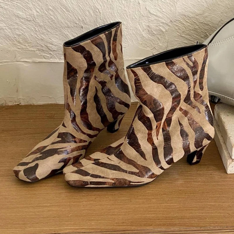 

New Autumn Women Boots Sexy Stripe Designer Ankle Boots Female Square Toe Low Heel Fashion Brand Short Boots Women Botas Mujer