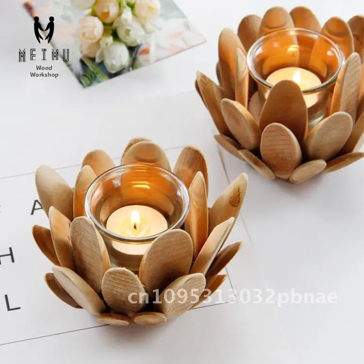 

European Style Wooden Pastoral Style Wooden Lotus Petal Candle Cup Candle Holder Nordic Style Home Decoration