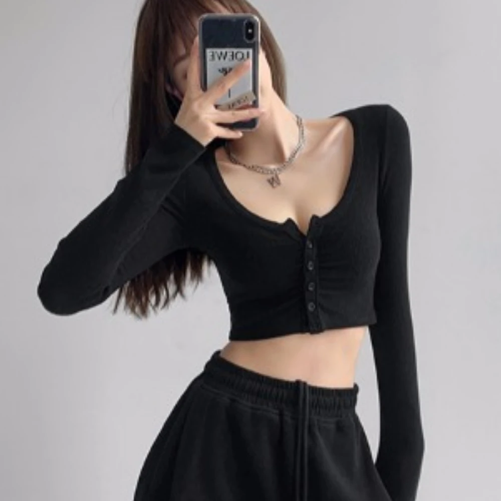 Navel Bottoming Shirt Tight Short Cardigan Large Neckline Solid Color Long-sleeved T-shirt High Waist Slim Knitted Top Sweater