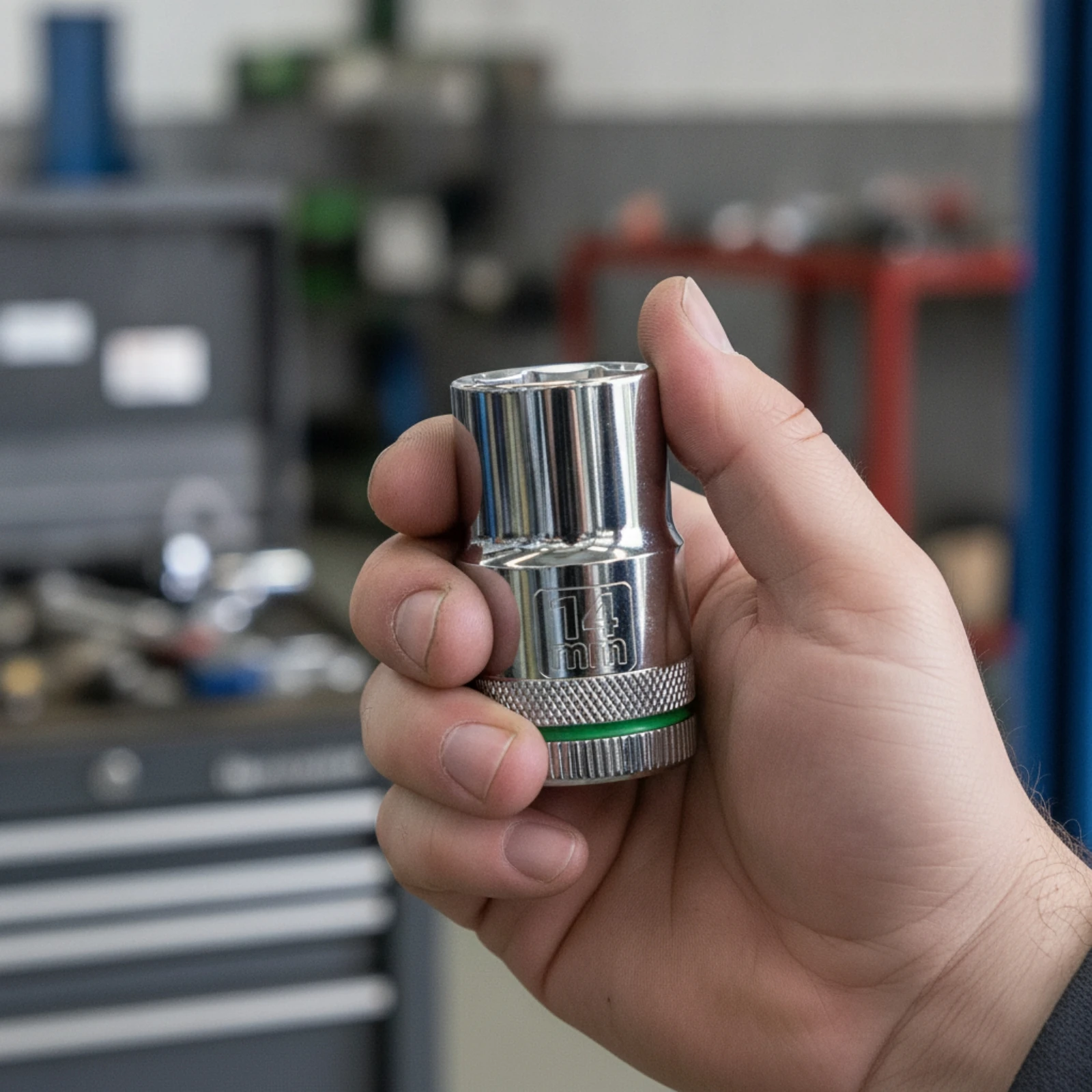Hex Socket with Green Band Polished Chrome Socket with Knurled Grip Compact for Mechanics, Workshop, Garage