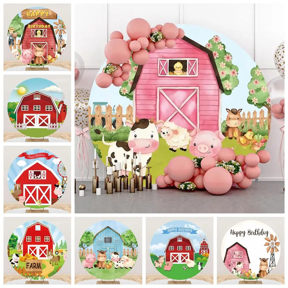 

Cartoon Farm Round Backdrop Cover Wood Barn Door Animals Cow Kids Birthday Party Photography Background Decor Photostudio Props