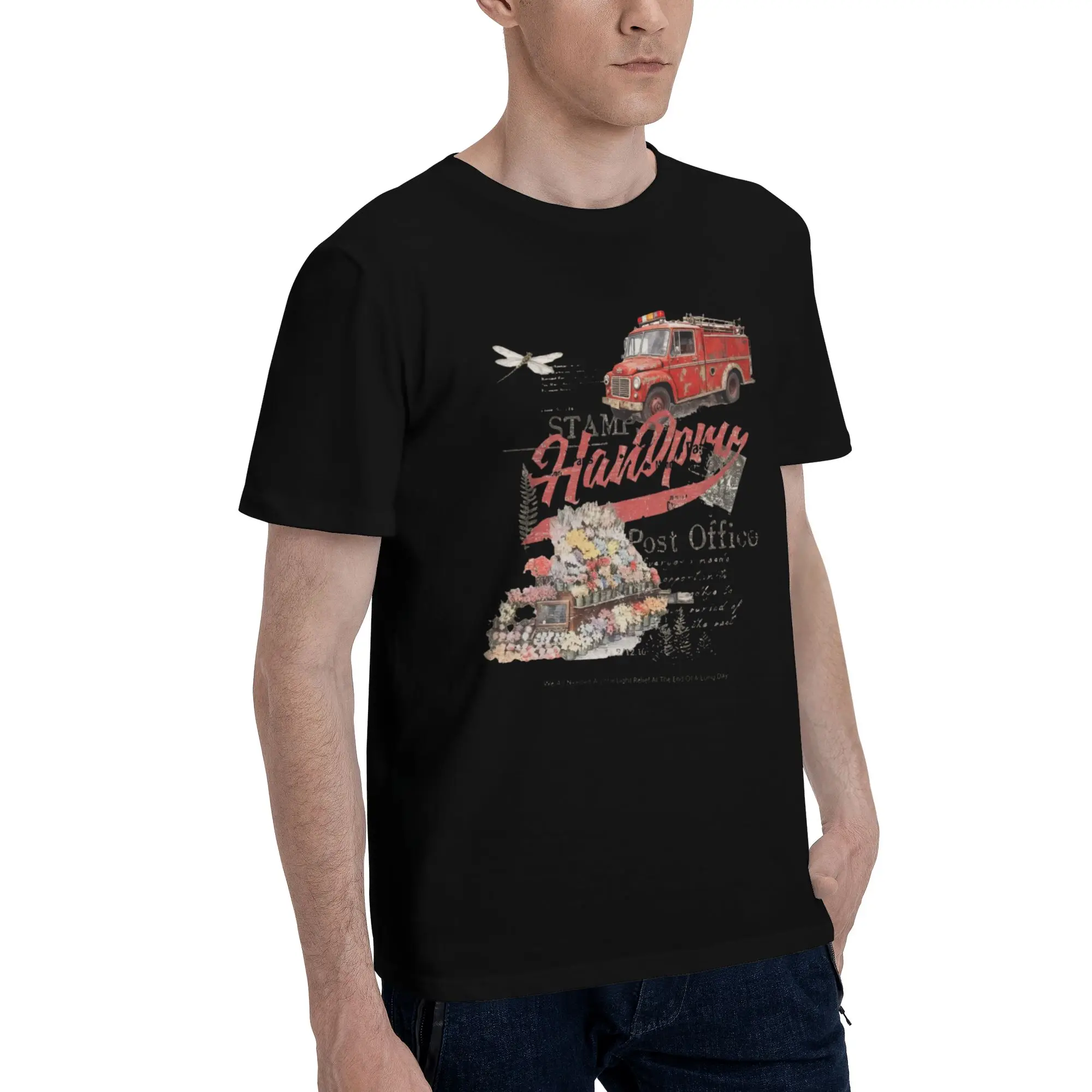 Vintage Fire Truck Floral Post Office Collage Men T Shirt Casual Tee Short Sleeve Round Neck 100% Cotton Graphic Printed Tops