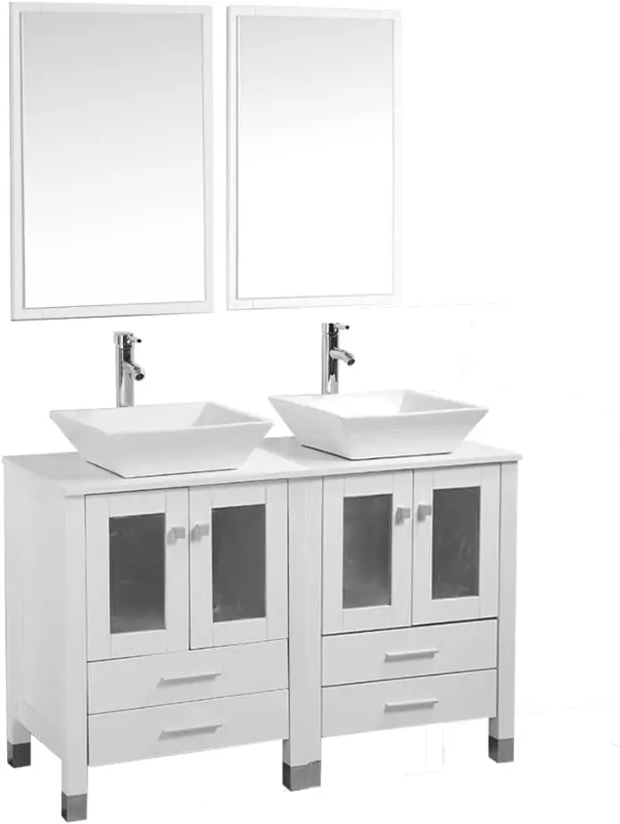 48” Modern Double White Bathroom Vanity Set， Porcelain Vessel Sink Combo,Solid Brass Pop Up Drain w/Mirror (8072)