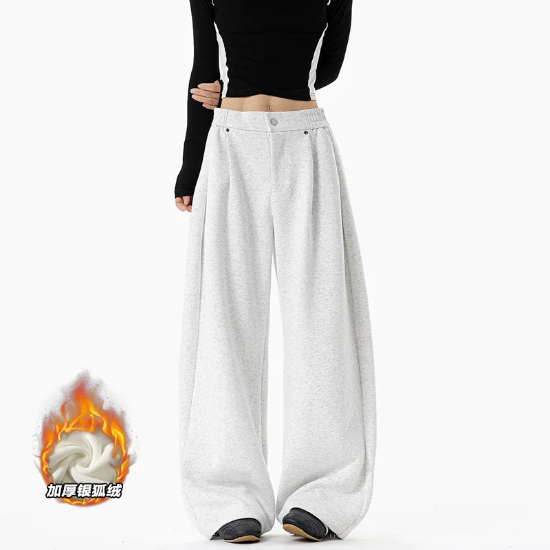 2025 High-Quality High Street Heavyweight 400g Cotton Warmth Silver Fox Fleece Floor-Length Large-Sized Casual Pants for Men