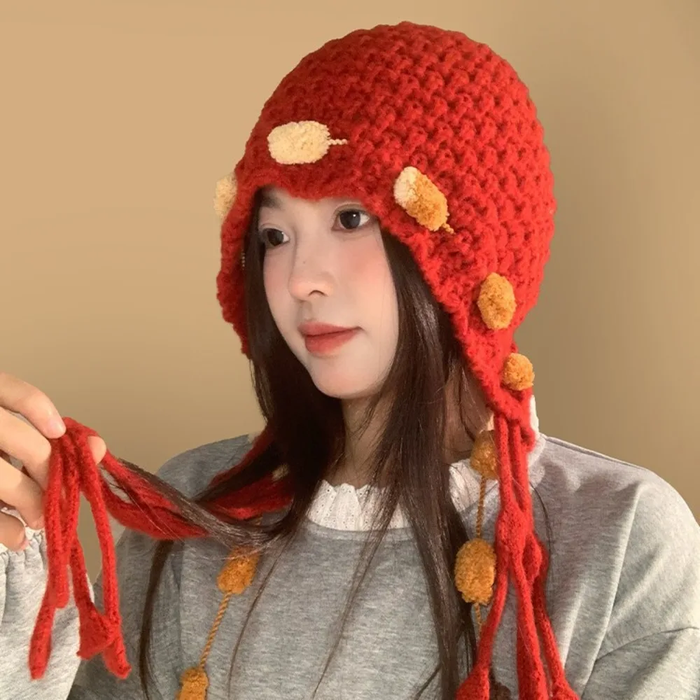 

Fashion Bohemian Style Winter Warm Women Knitted Hat Windproof Coldproof Ear Protection Hat Tassel Beanies Hat Women Girls