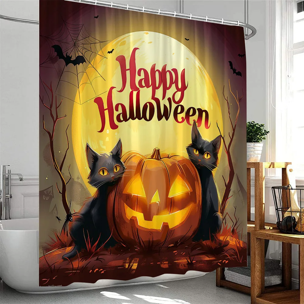 Happy Halloween Shower Curtain Black Cats Evil Pumpkins Zombie Graveyard Full Moon Horror Night Bathtub Curtain Cloth Bath Decor