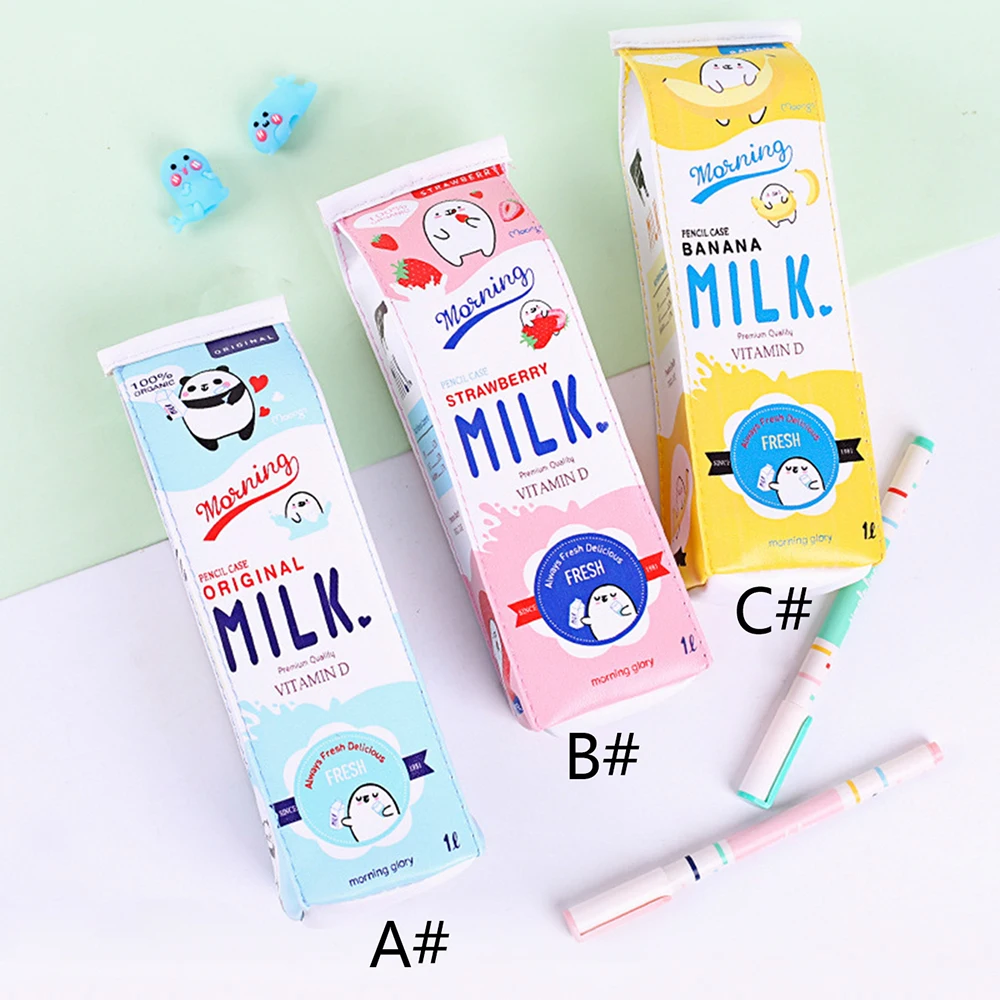 1PC Milk Carton Pen Bag Simple Cute Fashion Creative Student Stationery Bag Pu Waterproof Stationery Storage