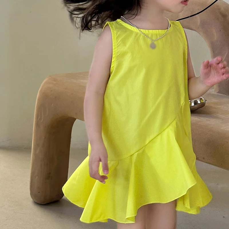 Summer Kids Dress For Girl 3-8y Solid Ruffles Decor Sweet Sleeveless Dress Child Cotton Breathable Classic Designed Casual Skirt