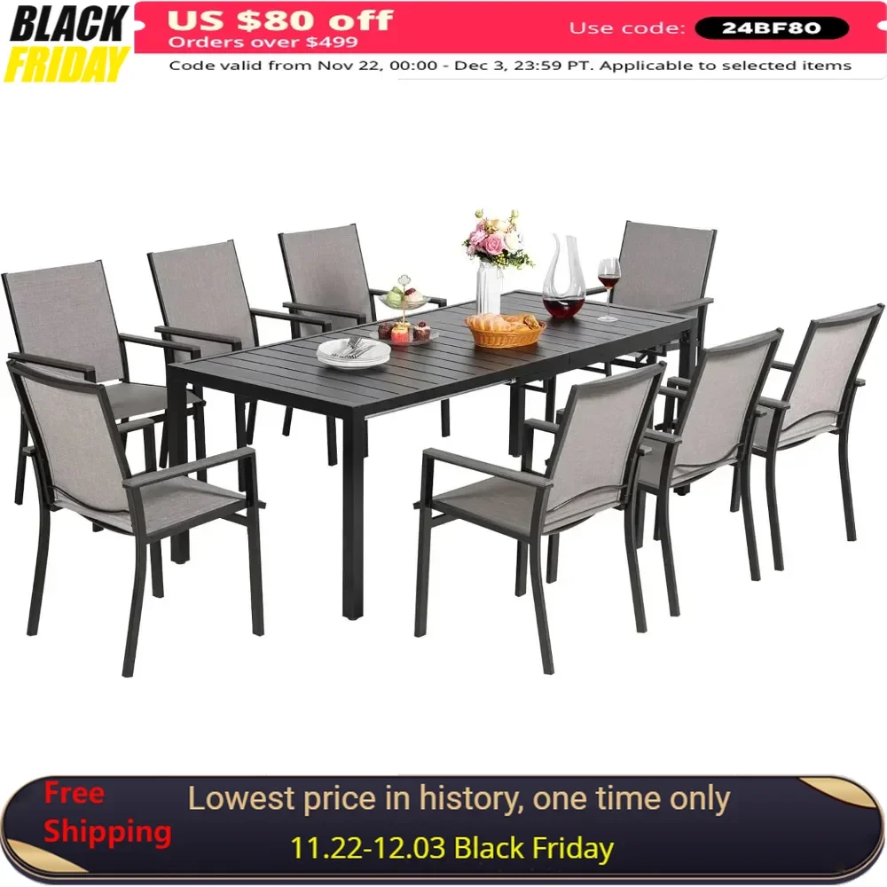 9 PCS Patio Dining Chairs,  Extendable Table Set for 8 People,  for Porch Deck Garden Yard Dining Room,Outdoor Furniture Set