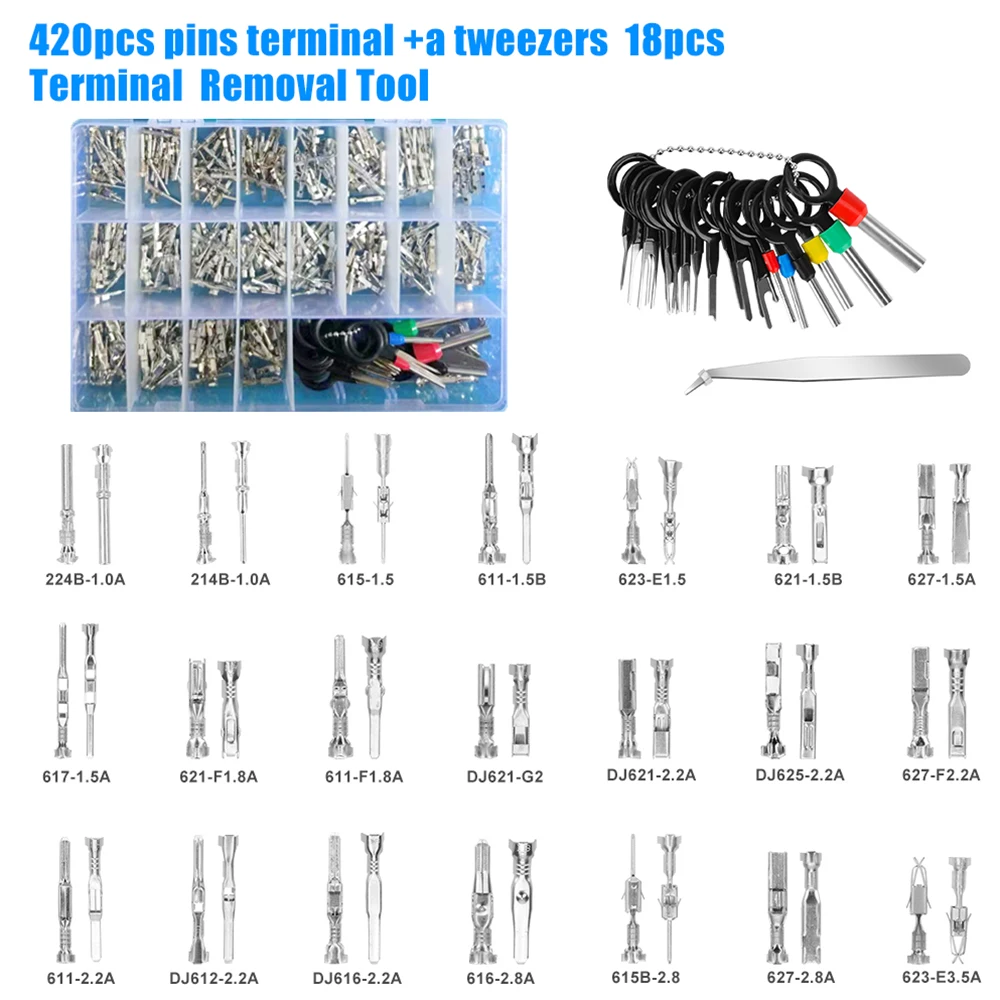 

420PCS Car Electrical Connector Pins Wire Terminal Kit, 1/1.5/1.8/2.2/2.8/3.5mm Plug Male Female Crimp Pins Removal Tool