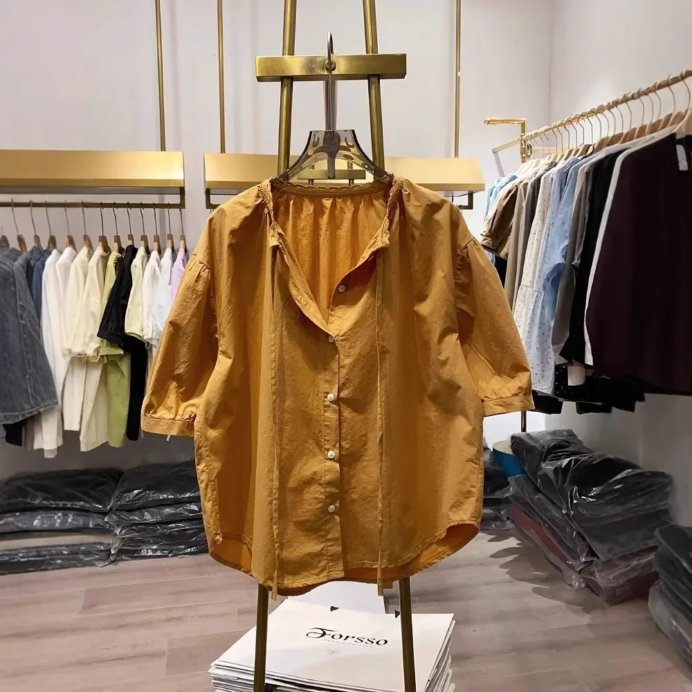 

Lace-up collar short-sleeved shirt 2025 literary and simple Korean solid color single-breasted thin and versatile loose casual