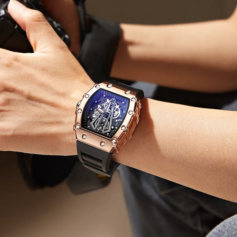 Skeleton Men\'s Watch Fashion Automatic Movement Barrel Luminous Waterproof Clock Sports Male\'s Silicone Strap Quartz Wristwatch