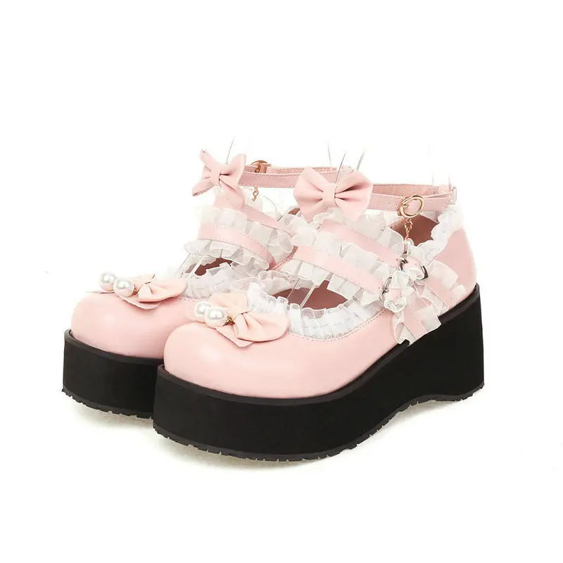 Women Lolita Platform Shoes Bowknot Shallow Mouth Pumps Chunky High Heels Fashion JK Uniform Casual Shoes Plus Size Footwear