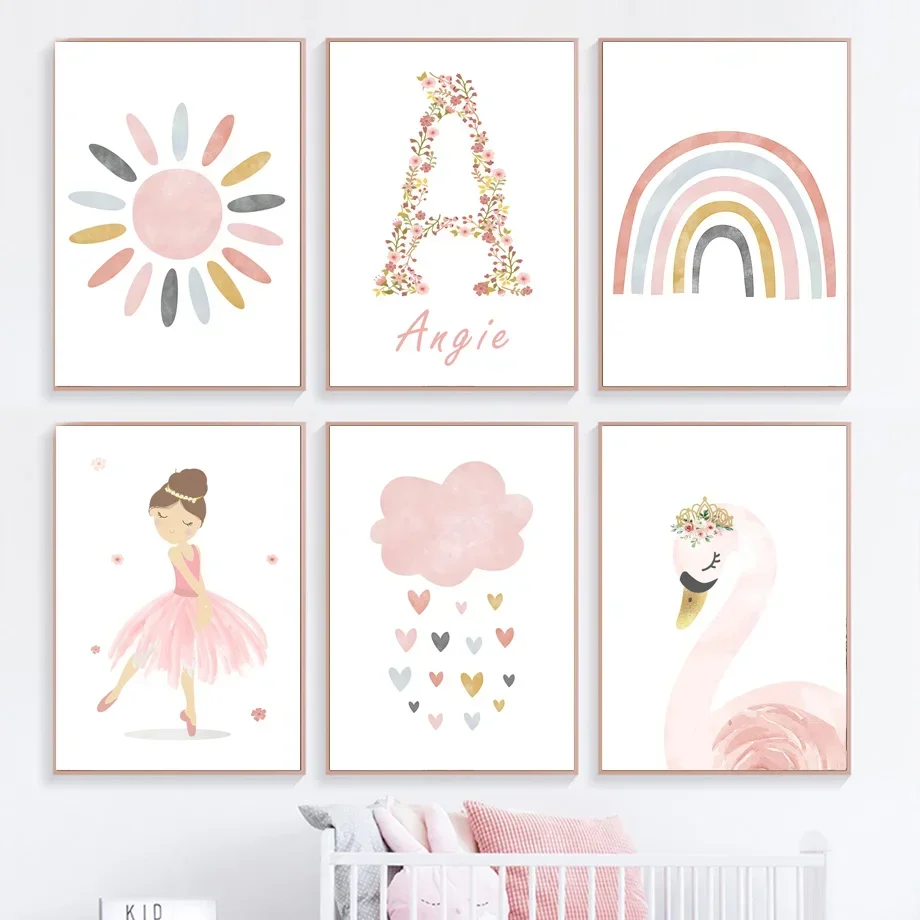 Swan Ballet Girl Crown Boho Posters  Sun Rainbow Heart Nursery Prints Canvas Wall Art for Kids Room Decor Wall Pictures Home