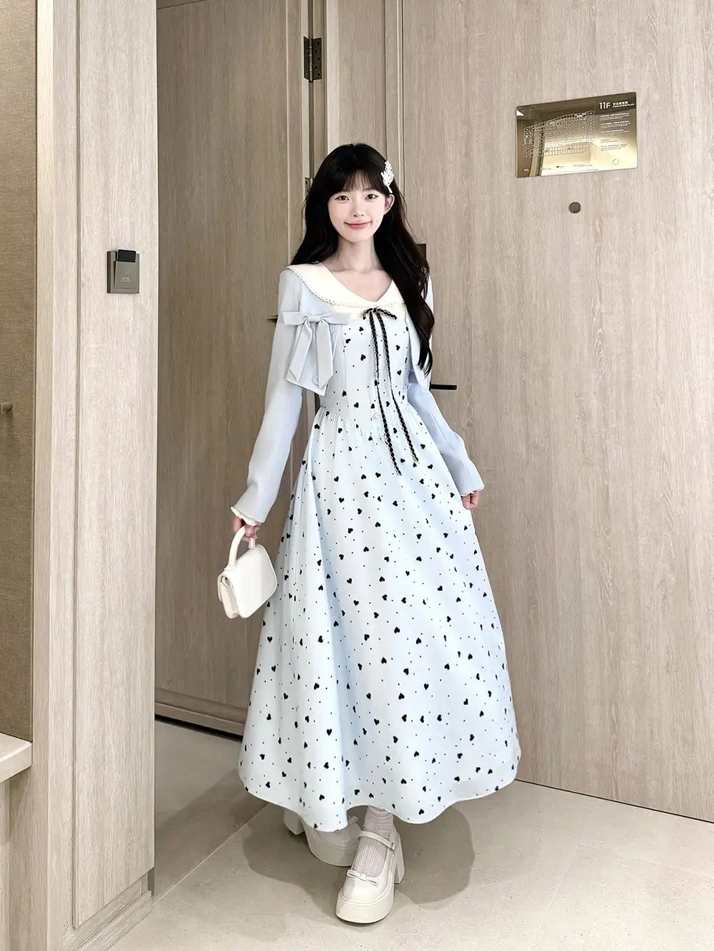 Sweet Blue Dress Set Women Doll Collar Bow Heart Dot Print Ruched Waist Cropped Cardigan Slim Fit Long Dress Elegant Outfit