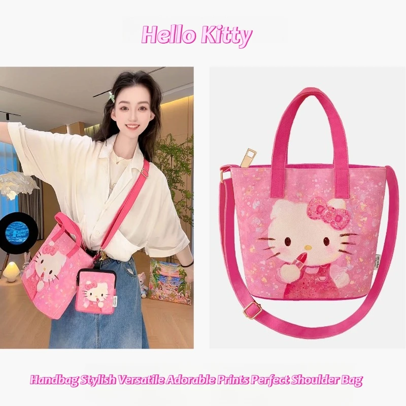 

Розовый дизайн с рисунком Sanrio Hello Kitty, стильная универсальная сумка с очаровательными принтами, идеальная сумка на плечо с длинным ремешком, сумка-ведро