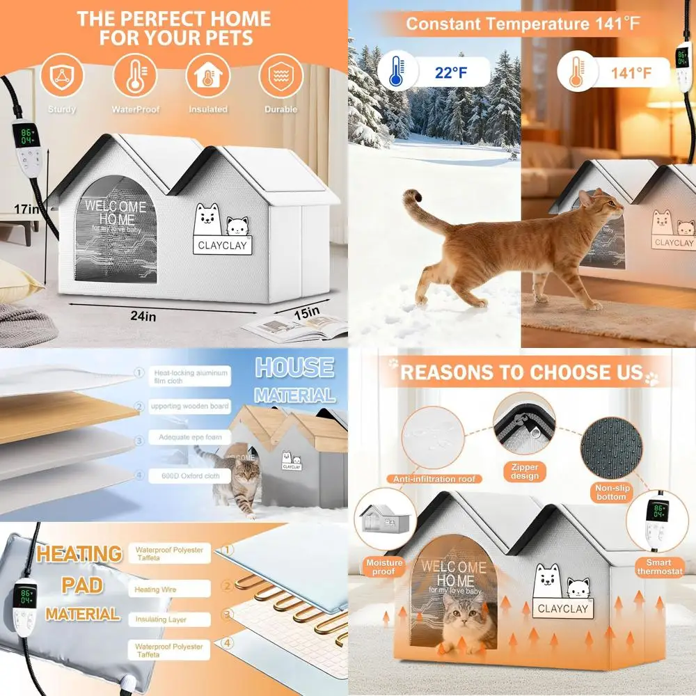 

All-Season Waterproof Insulated Outdoor Cat House with Heating Pad for Multiple Cats, Suitable for Cold Weather (28D x 17W x 18H