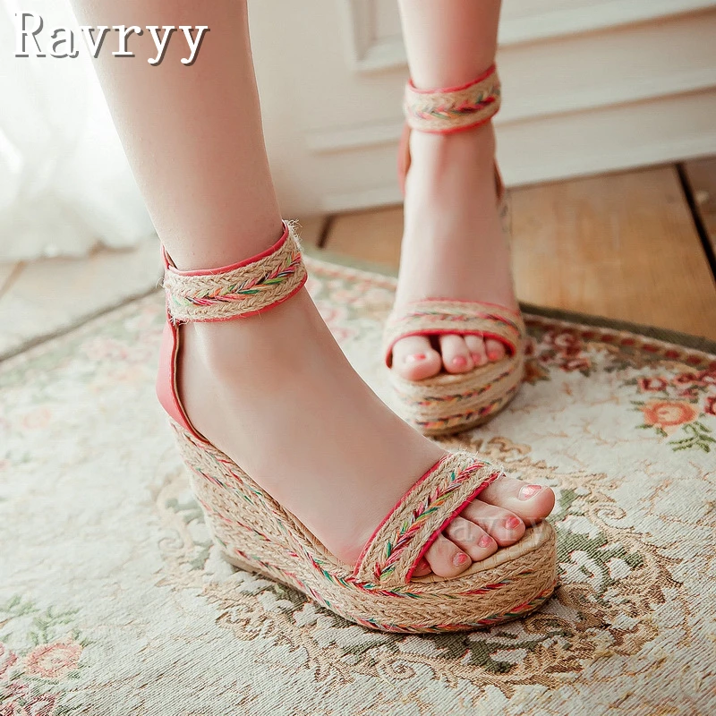 

Hemp Rope Weaving Wedges Sandals Summer New Women Ethnic Style Open Toe Waterproof Platform Ankle Strap Roman Shoes