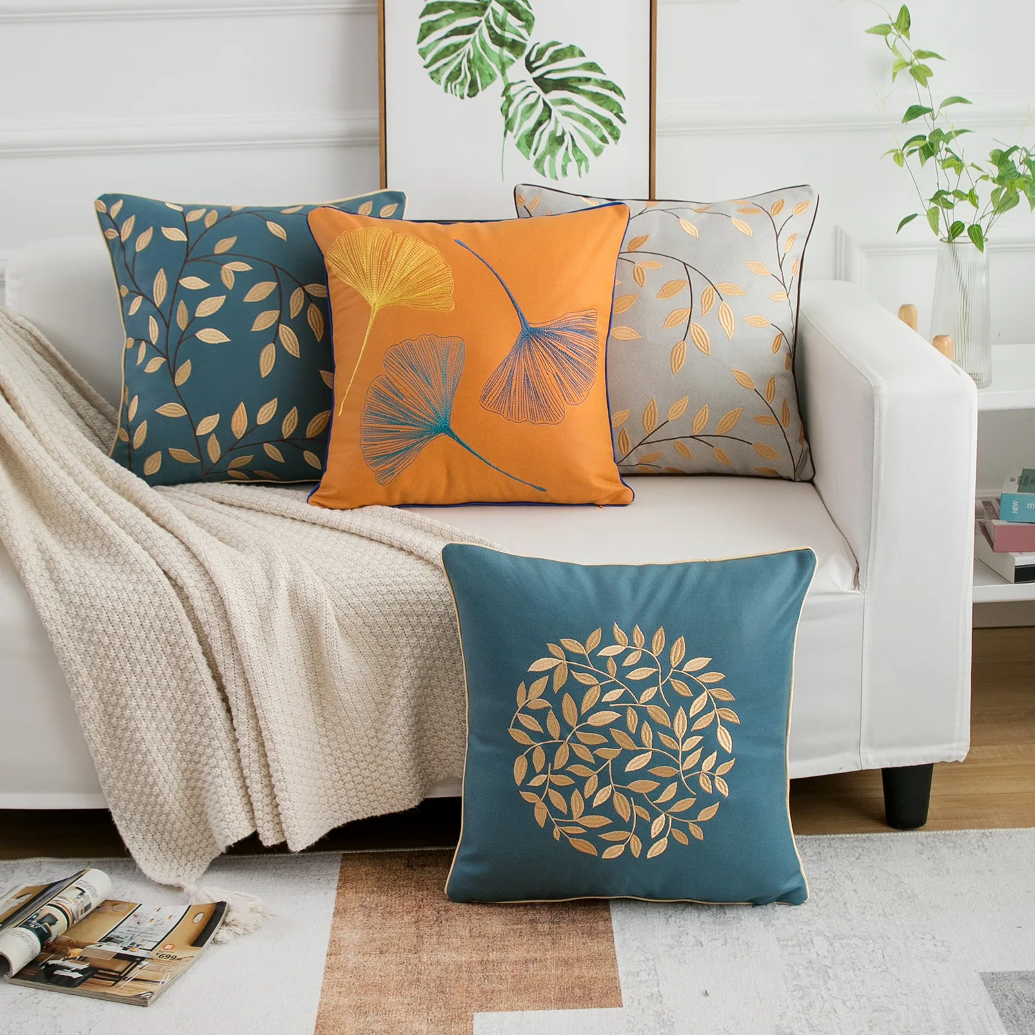 Technology Cloth Orange Embroidery Pillowcase Without Core Square Northern European Style Sofa Pillow Pad Living Room Leaning