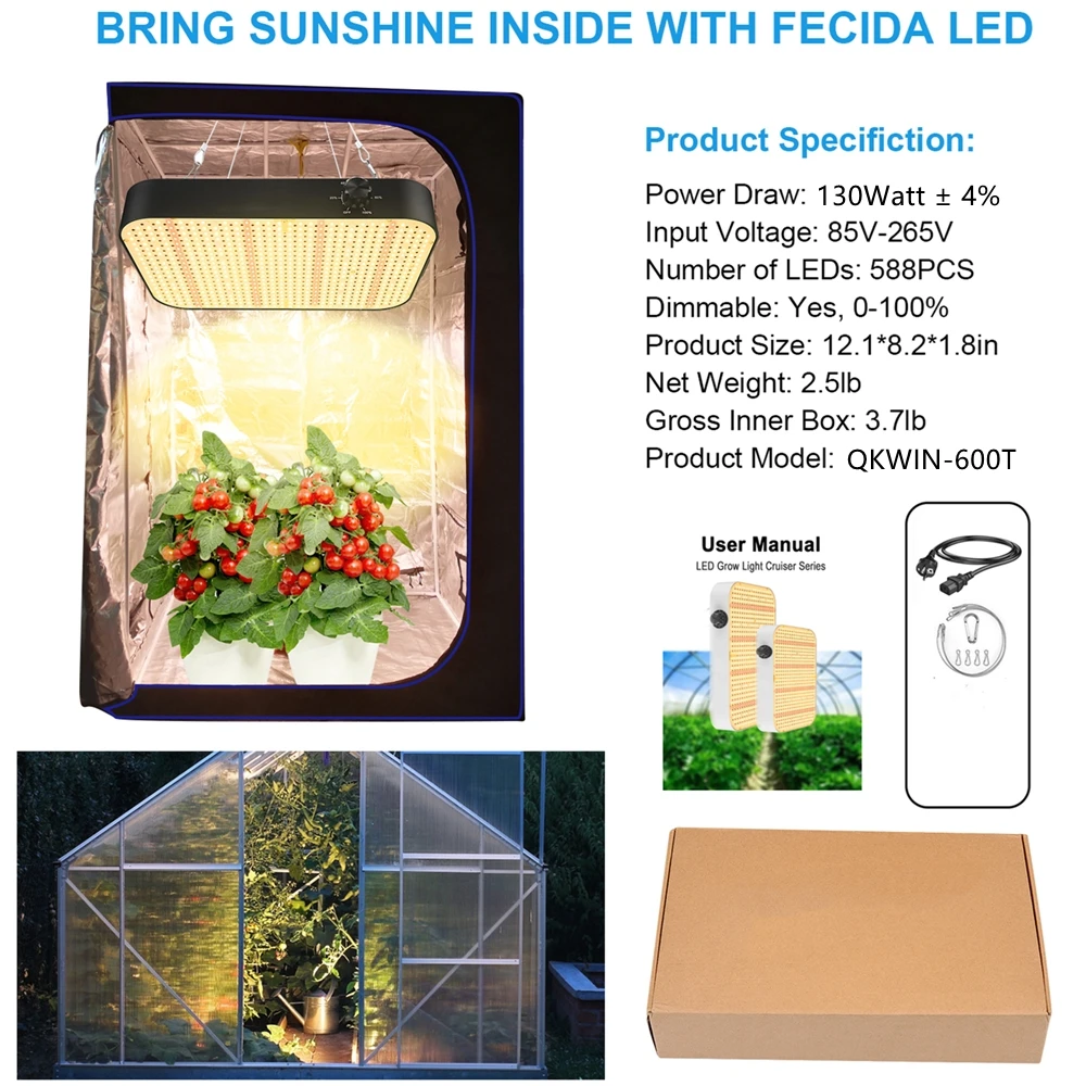 Qkwin Hidroponia Led Grow Light 130W 200W espectro completo Samsung grânulo DIY com luz vermelha construída com fãs