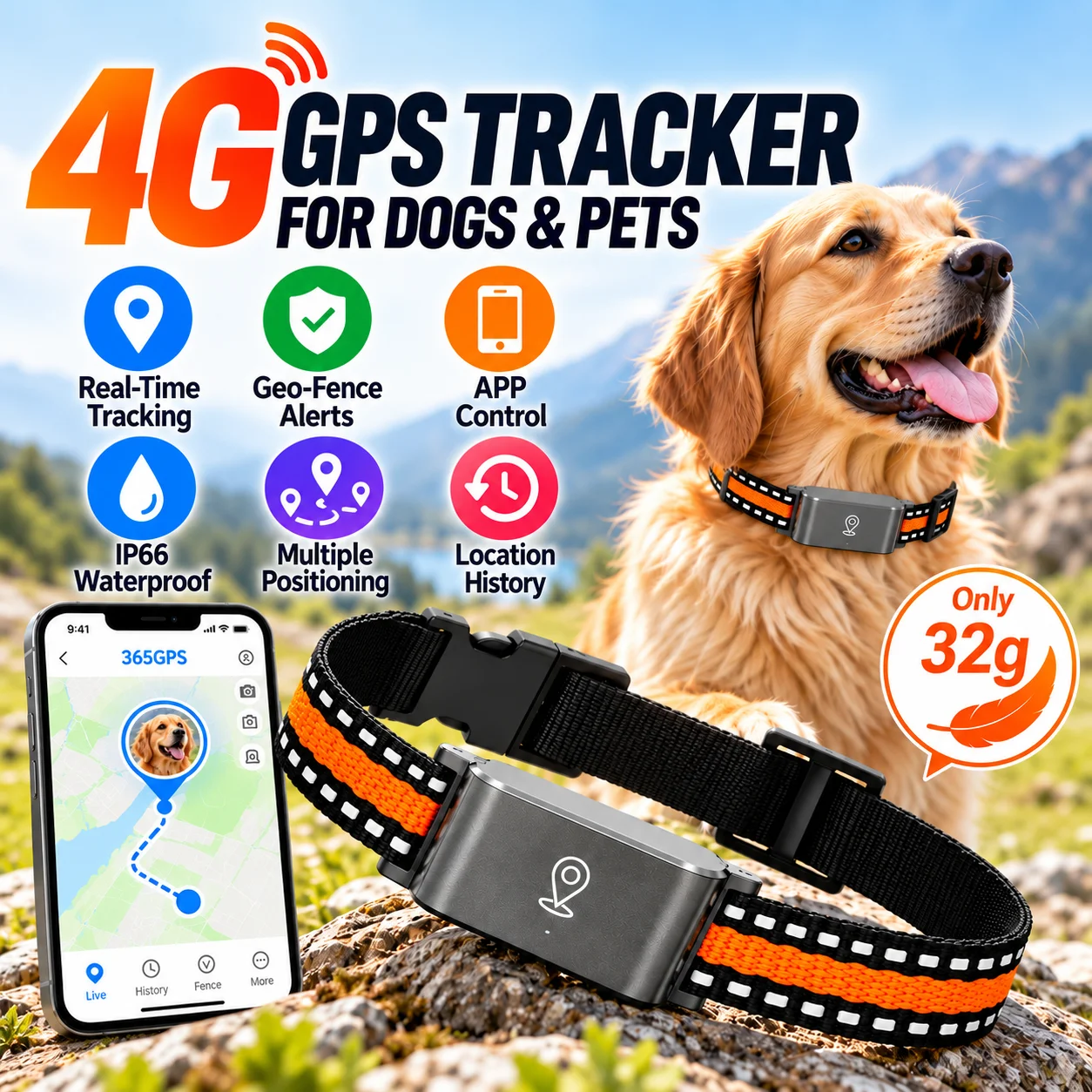 4G GPS Tracker for Dogs Pet GPS Tracker Real Time Tracking Device with APP Geo Fence IP66 Waterproof Lightweight 32g