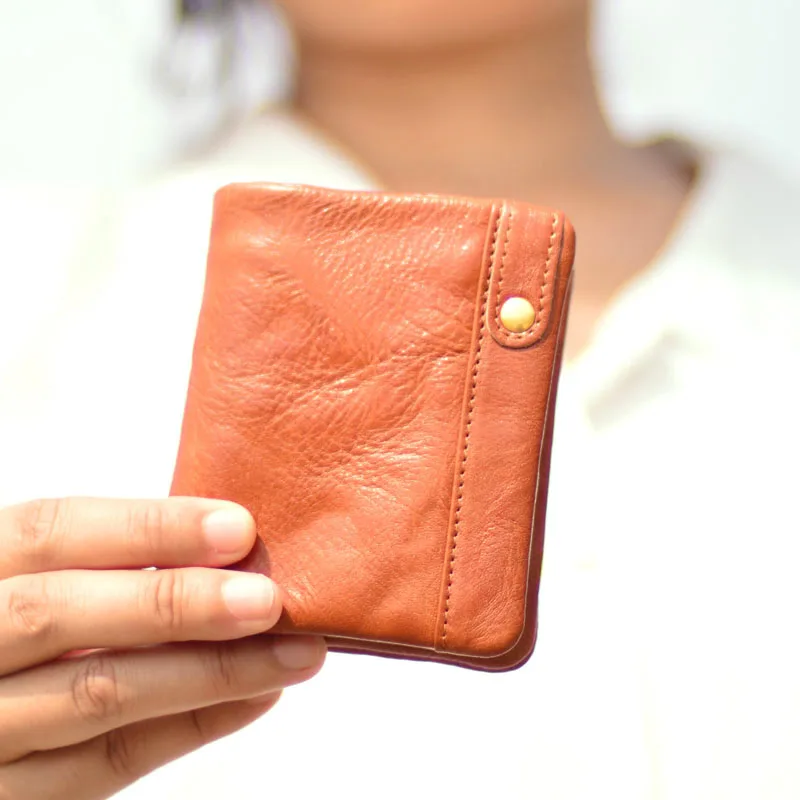 AETOO Retro top-grain vegetable-tanned cowhide classic short wallet, women's handcrafted genuine leather multi-slot card holder,